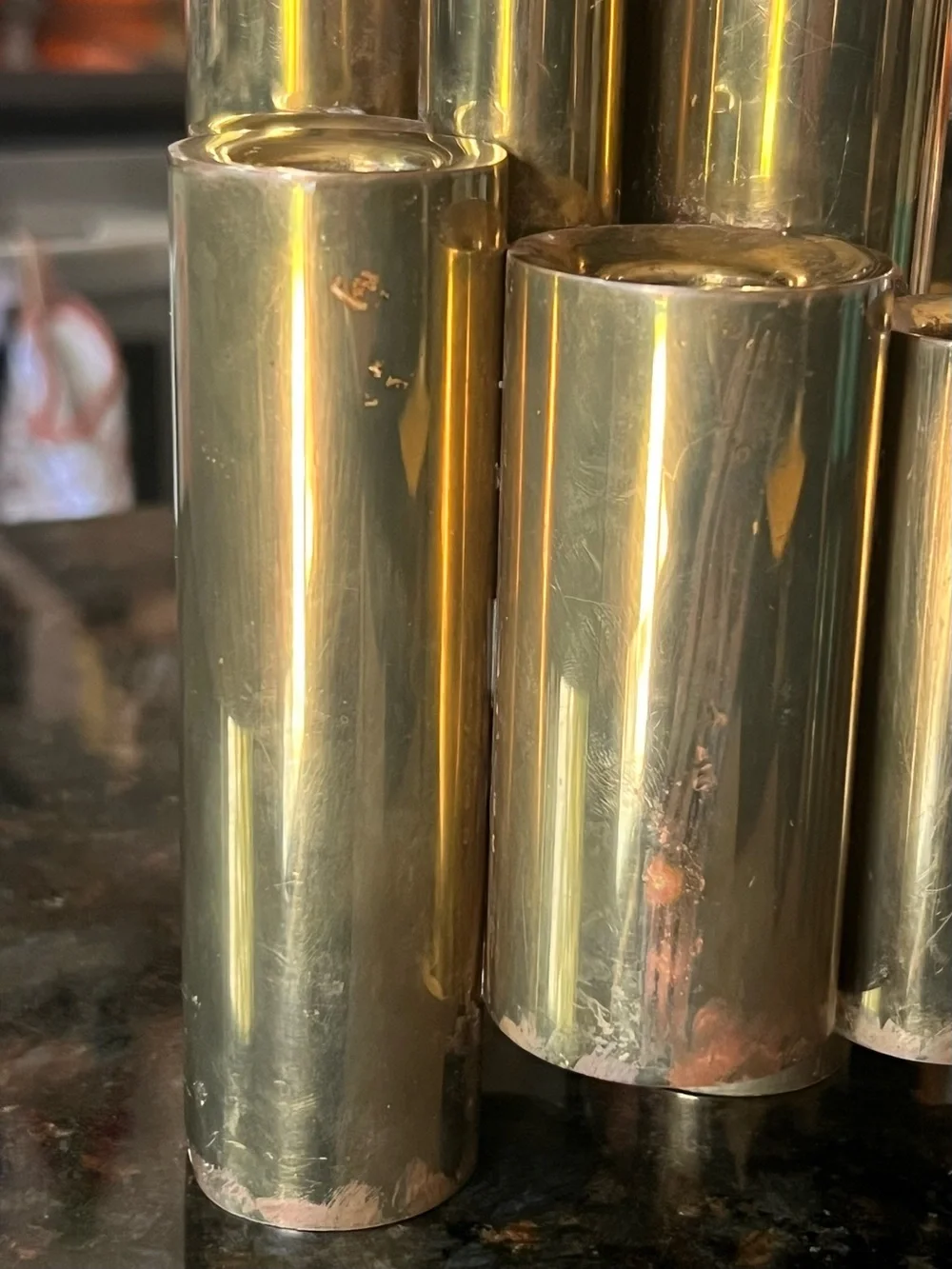 Vintage 1960’s modernist stacked tubular brass candelabra attributed to Gio Pont
